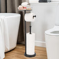 Black Toilet Paper Holder Stand, Freestanding Toilet Paper Holder with Shelf for Small Items, Toilet Paper Stand with Storage Space for 4 Extra Toilet Paper Rolls