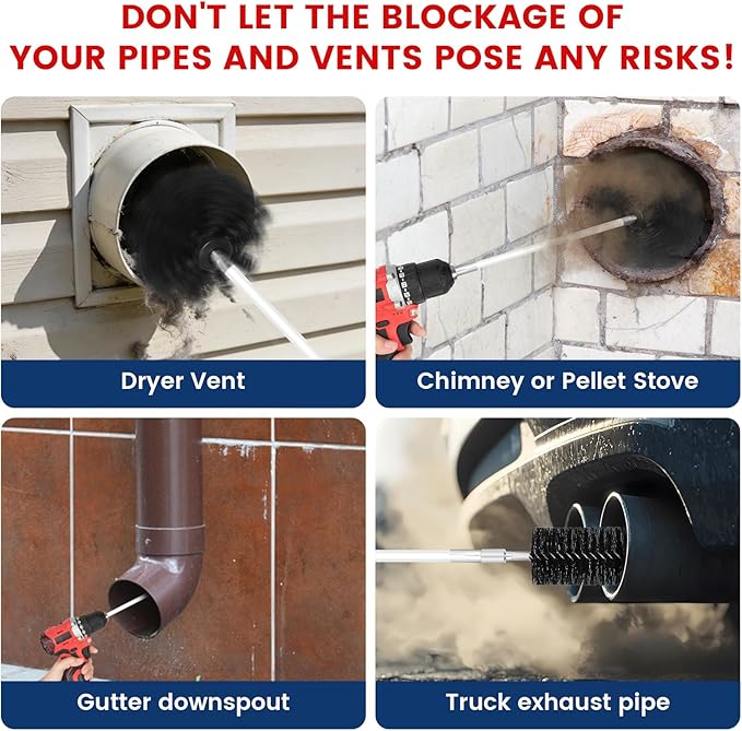 HOKLNUSE Dryer Vent Cleaner Kit Ducts Cleaning Kit for Dryer Air Duct HVAC Vent Fireplace Chimney Pellet Stove Gutter Downspout Dryer Vent Lint Removers with 1.5"&4" Brush Heads (35Feet)