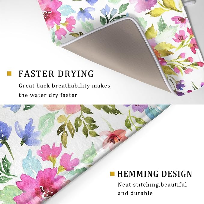 Spring Floral Dish Drying Mat for Kitchen Counter Flower Microfiber Absorbent Dish Draining Reusable Washable Foldable Extra Large 18"x24"