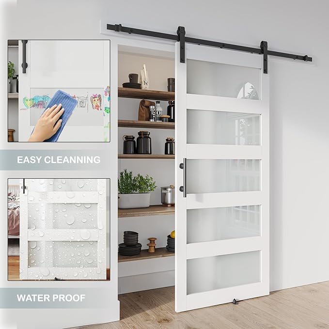 36'' x 80'' Glass Barn Door and 6.6 Ft Hardware Kit Included, MDF White Barn Door Slab with Frosted Glass, PVC Surface, Combined with Handle and Floor Guide-Assembly Required, White