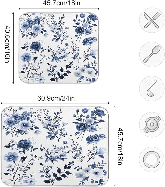 Blue White Porcelain Flower Dish Drying Mat for Kitchen Counter Absorbent Microfiber Drying Pad, Medium 16x18 in