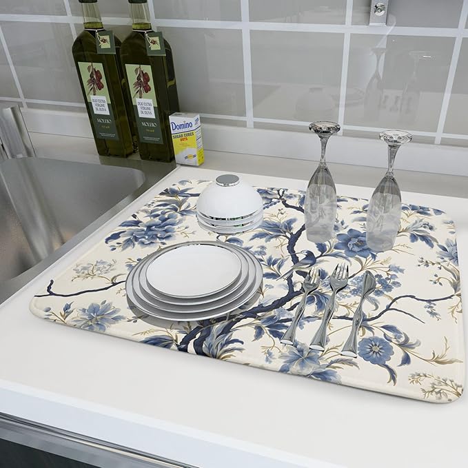 Chinoiserie Trees Dish Drying Mat for Kitchen Counter,Bule Birds Flowers Drying Mat 18 x 24 Inch with Absorbent Reversible Microfiber Drying Pad for Coffee Bar