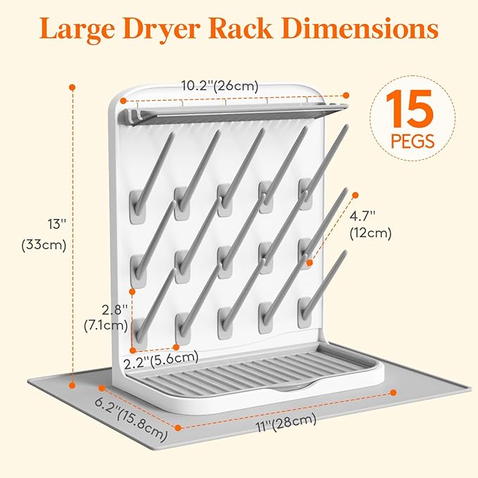 Lifewit Large Baby Bottle Drying Rack, 15 Hooks Vertical Rack Dryer with Removable Pacifiers Box, Drip Tray, Space Saving Countertop Holder Organizer for Weighted Straws, Pump Parts