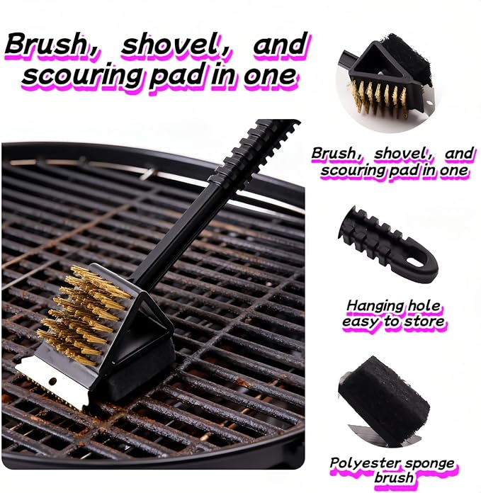3-in-1 Grill Brush with Scraper & Scrub Pad, 14.5" Long Handle Brass Brush for BBQ Grill Cleaning, Heavy Duty Copper Bristles, Rust-Proof, Hanging Hook, Safe for Gas/Charcoal Grills