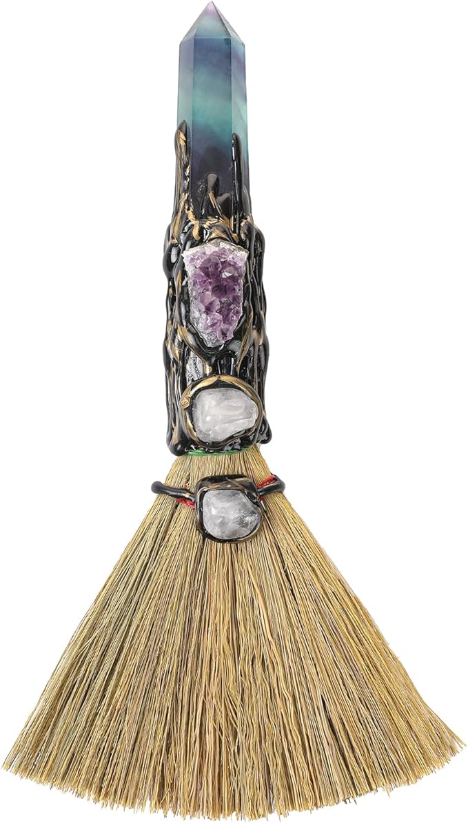 Witchcraft Supplies Witches Broom - Wiccan Decor with Amethyst Clusters Altar Supplies with Fluorite Natural Healing Crystals Hexagonal Points Pagan Decor Reiki Energy Clearing Crafts