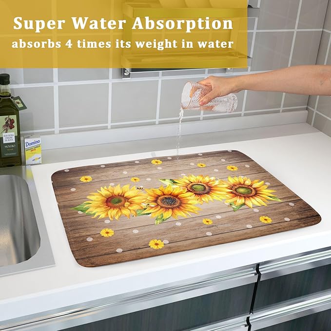 Summer Sunflower Bee Dish Drying Mat for Kitchen Counter,Rustic Yellow Flowers White Polka Dots Drying Mat 18 x 24 Inch with Absorbent Reversible Microfiber Drying Pad for Coffee Bar