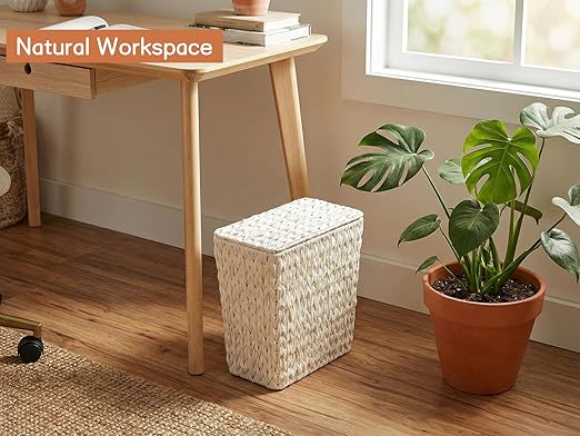 Wicker Trash Can with Lid and Liner,Boho Decotative Small Bathroom Trash Cans,Waterproof Slim Waste Basket for Bedroom,Home Office,3 Gallon Cream White
