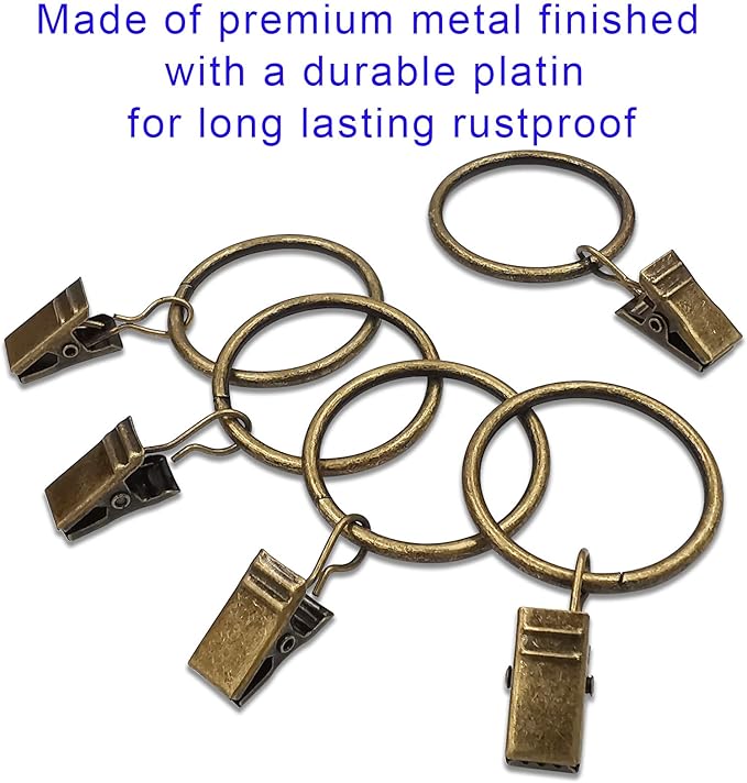 90 Pack Curtain Rings with Clips, Drapery Clips with Rings, Drapes Rings 1.26 in Interior Diameter, Fits up to 1 in Curtain Rod, Bronze