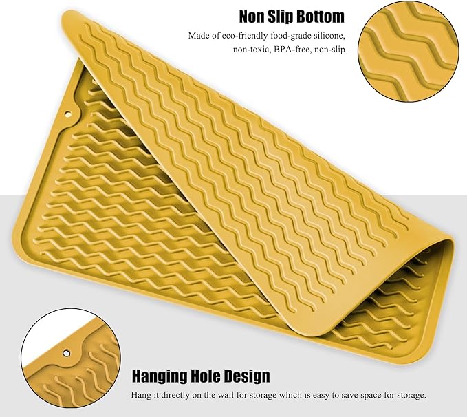 Silicone Dish Drying Mat for Multiple Usage, Easy clean, Eco-friendly, Heat-resistant Dish Drainer Mat for Kitchen Counter,Sink,Refrigerator or Drawer liner (12" x 12", Yellow)