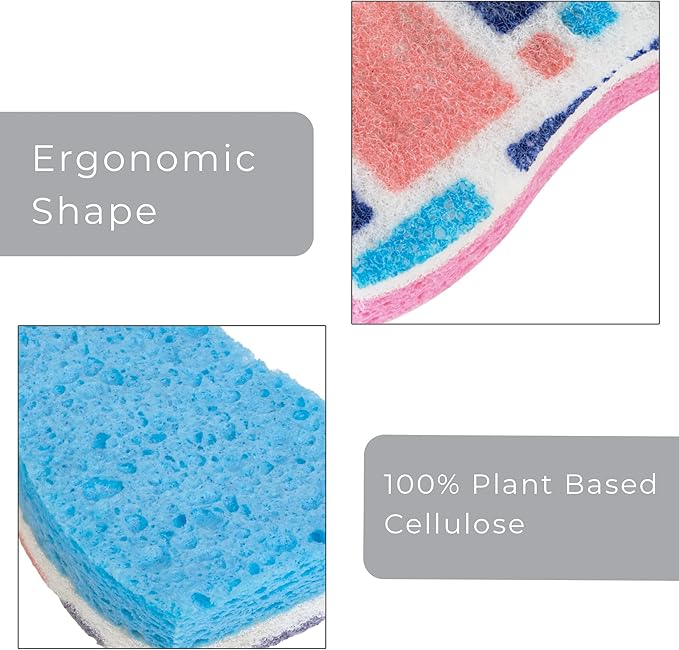 Smart Design Non-Scratch Cellulose Smart Scrub Sponge - Set of 9 - Ultra Absorbent - Ergonomic Shape - Cleaning, Dishes, & Hard Stains - Cool Geometric Pattern - Blue, Pink, Purple