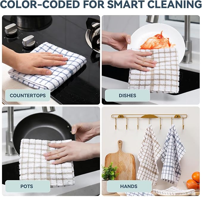 Egles 12 Packs Kitchen Dishcloths, 100% Cotton Grid Terry Dish Cloths 12" x 12" Ultra Soft Super Absorbent Dishrag Reusable Dishcloth, Multi-Purpose Quick Drying Hand Dish Towel Set with Hanging Loop