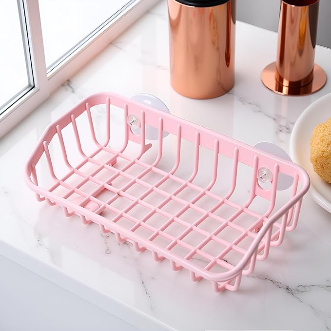 Pink Multifunctional Drain Rack,Hanging Storage Rack Drain Rack Sink Shelf Suction Cup Dishwashing Soap Sponge Holder for Kitchen Accessories