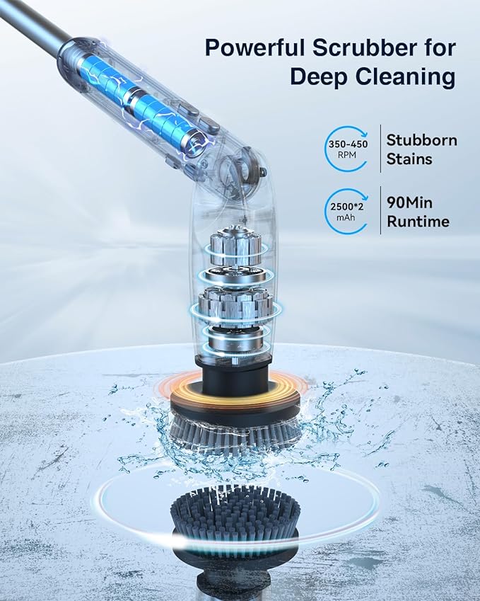 Leebein Electric Spin Scrubber, Shower Scrubber with 4 Adjustable Angles and 8 Brush Heads, Electric Scrubber with Long Handle & Remote Controller, Cleaning Brush for Bathroom, Tub, Floor (Black)