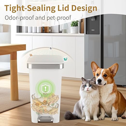 Small Bathroom Trash Can with Lid and 3 Rolls Trash Bags, Step Pedal Wastebasket Plastic Garbage Can with Pop-Up Lid 2.6 Gallon Bin for Kitchen, Bedroom, Office, Dorm, Laundry, Toilet, Rv, White
