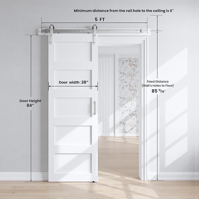 SmartStandard 28x84 inch White Barn Door with 5FT Brushed Nickel Sliding Door Hardware Track Kit Included, Solid MDF Slab, Waterproof PVC Surface, 5-Panel, Suitable for Openings up to 26in x 82in