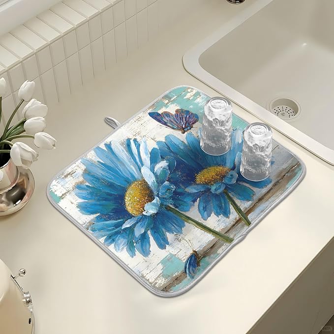 Rustic Daisy Blue on Vintage Wooden Dish Drying Mat for Kitchen Counter Absorbent Microfiber Large Drying Pad Dish mats for Kitchen Countertops 18 x 24 Inch