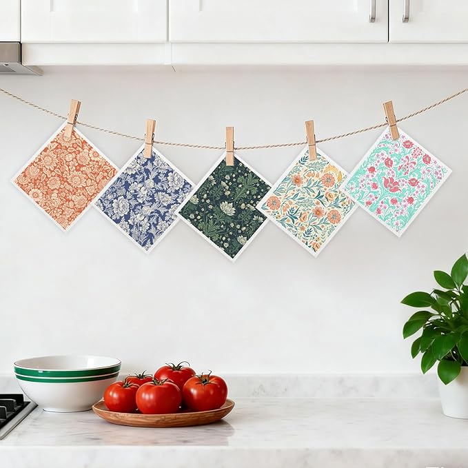 5 Pack Mixed Vintage Floral Swedish Kitchen Dishcloths Dish Towel, Dish Towels for Kitchen, Swedish Dishcloth Colorful Flower, Paper Towels Reusable, Dish Cloth Towel Cleaning Wipe for Home
