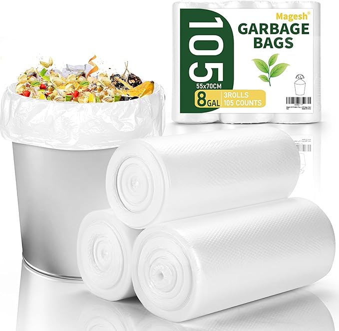 Magesh 8-10 Gallon Trash Bag Strong, Leakage-Free, Medium Garbage Bags Unscented Thick for Bathroom, Office, Kitchen Medium Trash Can, 60L, 105 Bags, Clear