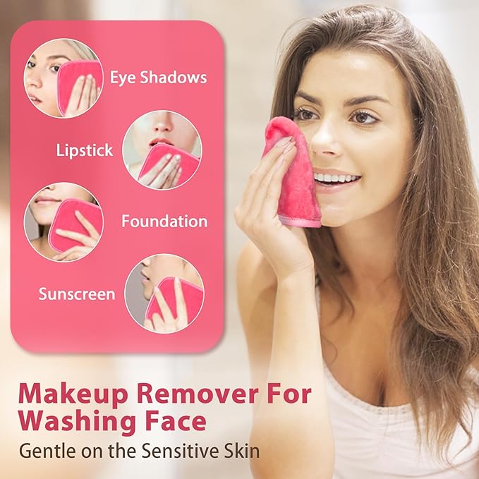 Makeup Remover Cloth, 6" x 6" Make Up Towels Reusable Face Cloth for Washing Face, 12 Pack Makeup Remover Pads Microfiber Face Washcloth with Mesh Bag, Just Water, Grey/Purple/Pink