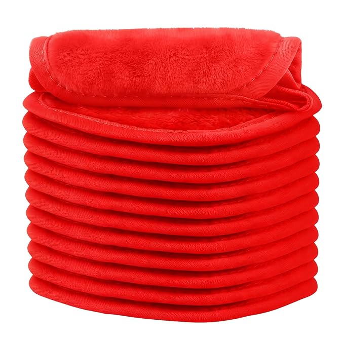 Orighty Makeup Remover Cloth, 12 Pack Makeup Removal Face Cleansing Cloth, Reusable Make Up Remover Pads Remove Instantly Dirt with Just Water, 5 x 5 in, Red