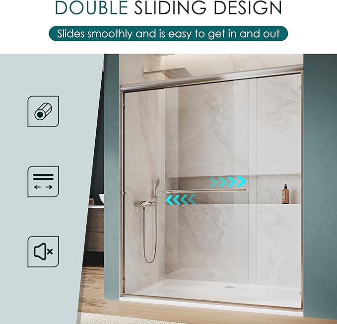 ELEGANT Double Sliding Shower Door 44-48" W x 72" H, Semi-Frameless Bypass Shower Glass Door with Dual Towel Bar Handles, 1/4" Tempered Glass for Walk-in Shower, Brushed Nickel