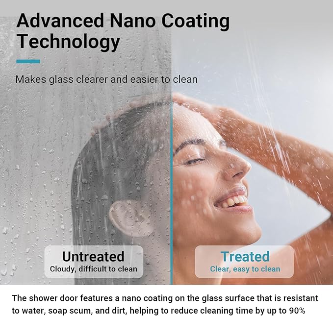 Frameless Sliding Shower Door 44–48 in W x 76 in H, 8mm Clear Tempered Glass Shower Doors Glass Sliding 48 Inches, Double Nano Coating, Stainless Steel Hardware, Silent Smooth Rollers, Matte Black