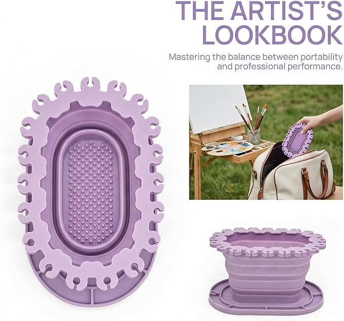 Foldable Silicone Paint Brush Cleaner Cup with Holder, Collapsible Basin for Acrylic, Watercolor & Oil Painting, Portable Artist Travel Supplies, Multi-Size Brush Drying Rack & Mixing Palette,Purple