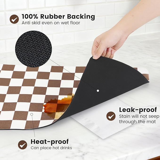 17" x 32" Checkered Dish Drying Mat for Kitchen Counter, Absorbent Coffee Bar Mat for Espresso Machine Coffee Countertops Accessories (Coffee Brown)