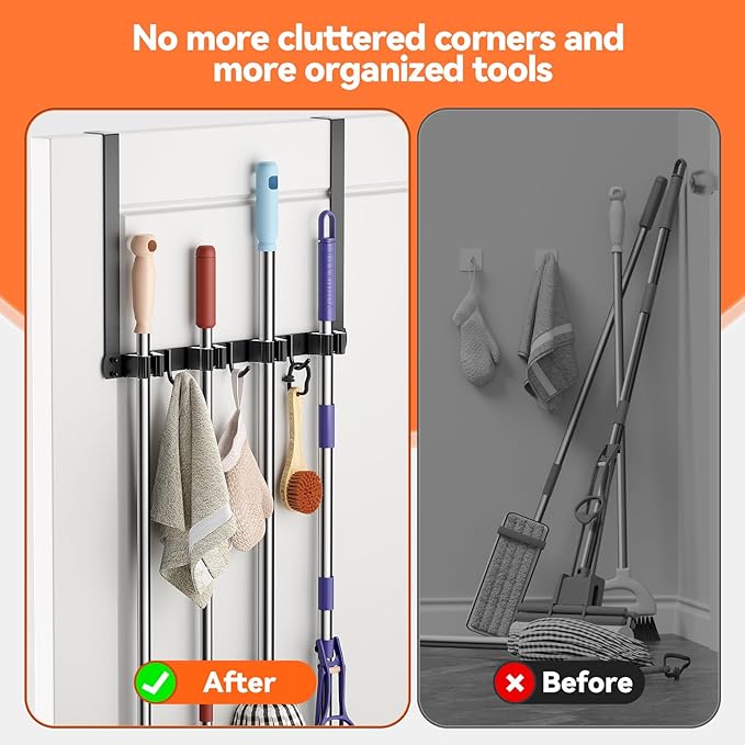 Broom and Mop Holder Over the Door, Broom Holder with 4 Racks and 3 Hooks Metal Broom Organizer Wall Hanging Broom Storage Behind the Door for Closet Kitchen Cabinet Garden