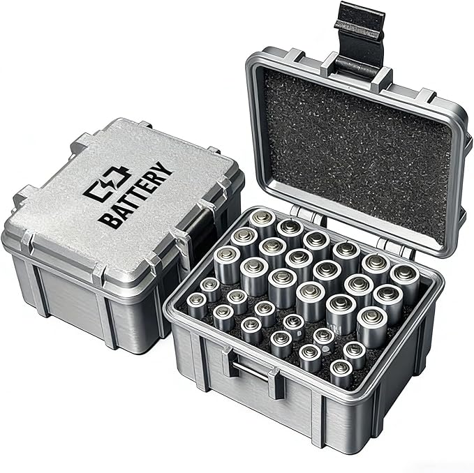 Battery Storage Case for 12 AA and 18 AAA Battery, 3D Printing PETG Waterproof Hard Case Batteries Caddy Organizer Holder, Alkaline Batteries Storage Holder for Household Outdoor, Silver