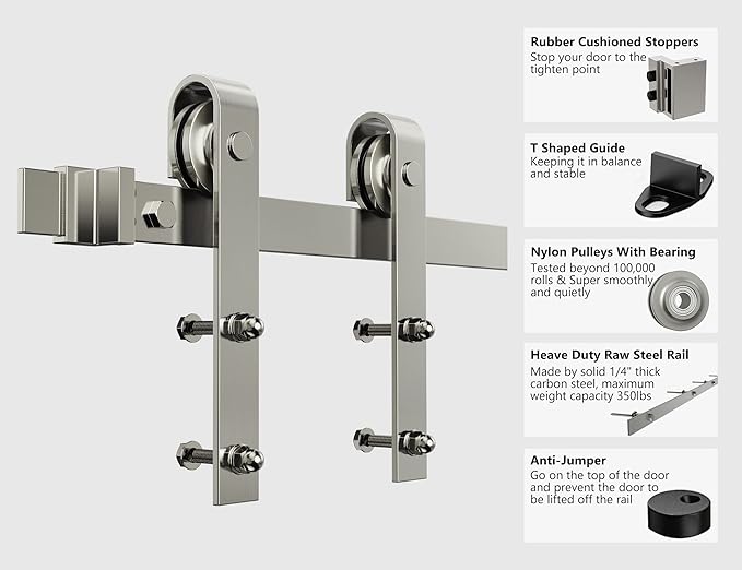 6.6FT Colorful Sliding Barn Door Hardware Track Kit, Brushed Nickel Roller Kit for 1 Door, J Shape(No Door) (6.6 FT-J Shape-Brushed Nickel)