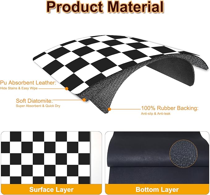 Dish Drying Mat for Kitchen, 16'' x 24'' Coffee Bar Mat for Countertops, Checkered Coffee Station Mats with Non-slip Rubber Backed, Absorbent Dish Dying Mat for Kitchen Counter, Black & White