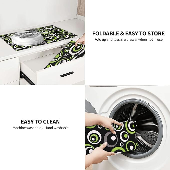 Green Black Gray Geometric Circle Dish Drying Mat for Kitchen Counter, Absorbent Microfiber Modern Drying Pad for Dish Drainer, Washable, Foldable for Kitchen Gadgets, Multi-Use, Home Decor, 18" x 24"