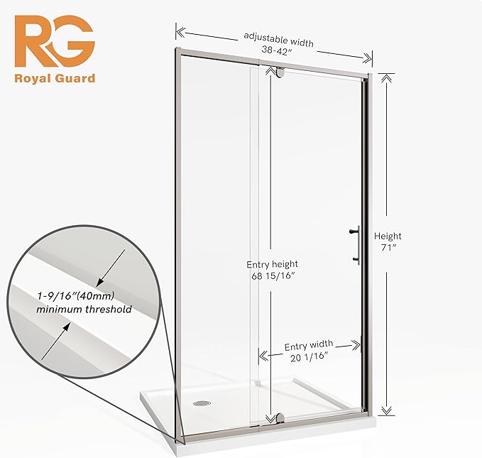 38-42" W x 71" H Pivot Swing Glass Shower Door,Pivot Frame Shower Door with 1/4"(6mm) Clear SGCC Tempered Glass,Chrome Finish Shower Doors,Reversible Installation