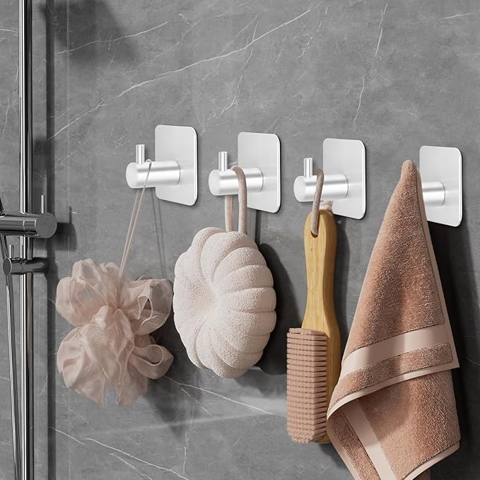 Adhesive Hooks for Bathrooms, 4 Piece Towel Hooks for Hanging Hat Robe Coat, Stick on Hooks for Kitchens, Strong Self-Adhesive No Damage Waterproof Stainless Steel Sticky Hook (White)
