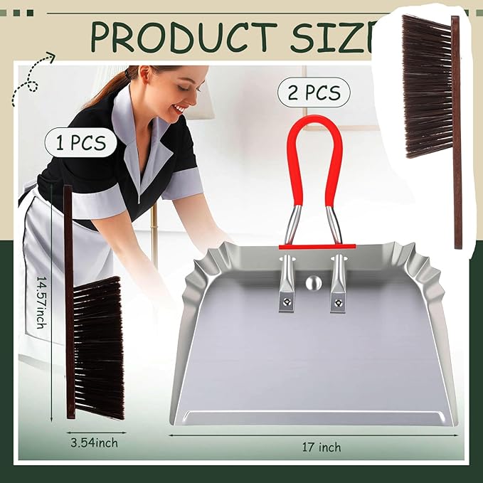 Pasimy 2 Pack 17" Metal Dust Pan and Brush Set, Large Heavy Duty Handheld Industrial Dustpan with Handle Debris Sweeping Tool Metal Edge Flat Against Floor for Outdoor Patio Yard Garage(Sliver)