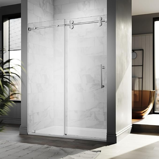 56-60 Inch x 84 Inch Sliding Frameless Shower Door, 3/8" Tempered Glass with Easy-Cleaning Coating, Stainless Steel Rollers & SGCC-Certified Stability, Bright Chrome