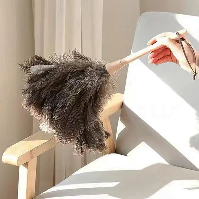 Ostrich Feather Dusters, Naturally Soft, Easy to Dust, Multi-Purpose Use, Solid Wood Handle, 17.3'' Long, Gray