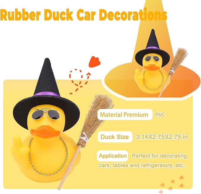 Halloween 3.15" Fun Rubber Duck Witch Duck Car Dashboard Decorations Halloween Witch Hat Broom Sunglasses Necklace for Car Home for Office Accessories