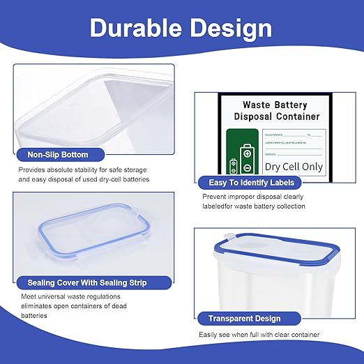 Battery Disposal Container with Label and Date Recording Pen| Used Dry-Cell Battery Recycling Container|Battery Processing Container | Battery Organizer Container
