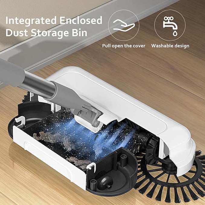 Floor Sweeper, 2-in-1 360° Rotating Hand Push Sweeper, High Efficient Carpet Sweeper with Long Handle, Hanging Manual Vacuum Sweeper for Home Office, Carpet Sweeper, White