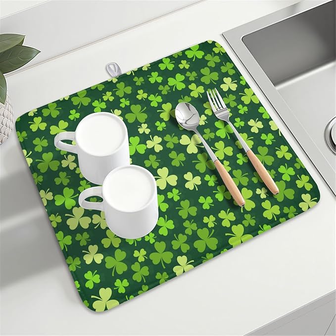 St. Patrick's Day Dish Drying Mat for Kitchen Counter,Irish Green Shamrocks Clover Leaves Drying Mat 16 x 18 Inch with Absorbent Reversible Microfiber Dish Drying Pad for Coffee Bar