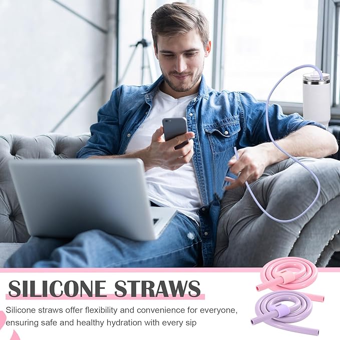 Baderke 2 Set Extra Long 35" Reusable Silicone Straws Compatible with Stanley 40 oz Tumbler Large Water Wine Bottle Flexible Drinking Straws & Cleaning Brushes Tumbler Accessories (Pink,Purple)