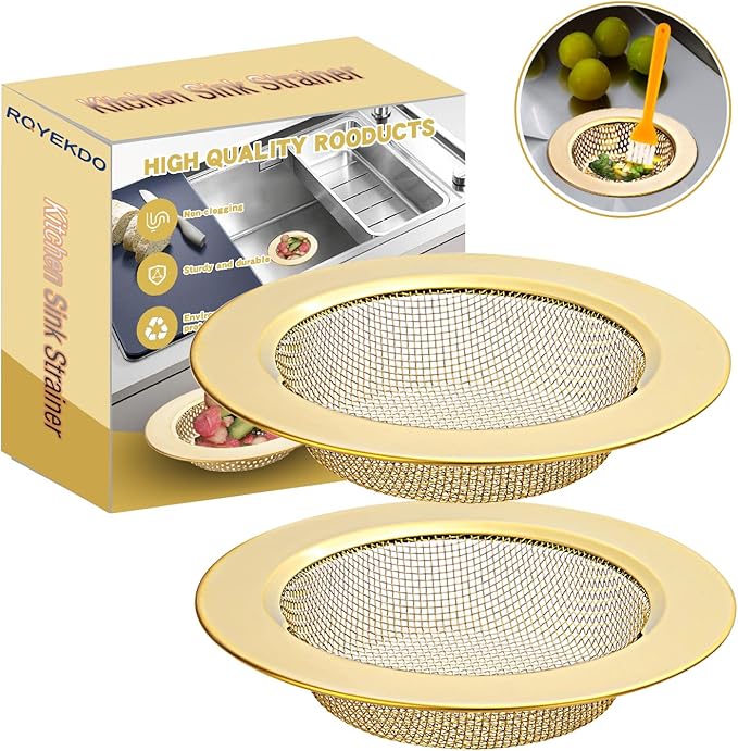 RQYEKDO 2-Pack Kitchen Sink Strainer Stainless Steel with Fine Mesh | 4.4" Wide Rim Drain Strainer | Fits Standard Sinks & Garbage Disposals (Gold)