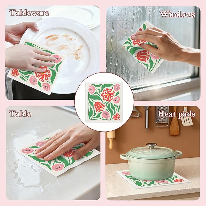 5 Pack Mixed Colorful Blossoms Flower Swedish Kitchen Dishcloths Dish Towels, Floral Dish Towels for Kitchen, Swedish Dishcloth, Paper Towels Reusable, Dish Cloth Towel Cleaning Wipe for Home