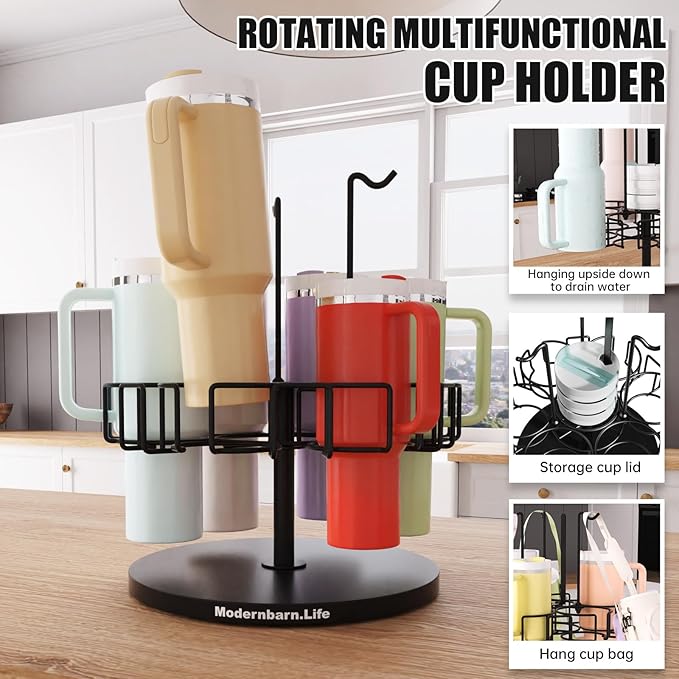 Water Bottle Organizer for Cabinet or Counter - Rotating Non-Slip Tumbler Organizer Holder for Stanley 40 Oz Cup with Handle - 2-In-1 Tumbler Display Storage Rack & Water Bottle Drying Rack - Black
