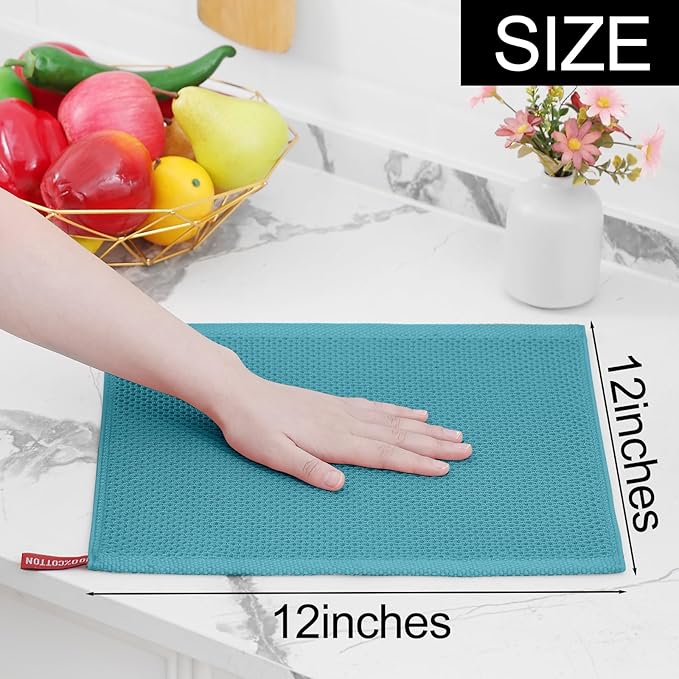 Homaxy 100% Cotton Waffle Weave Kitchen Dish Cloths, 7-Pack Ultra Soft Absorbent Dish Towels, Quick Drying Dish Rags, 12 x 12 Inches, Lake Blue