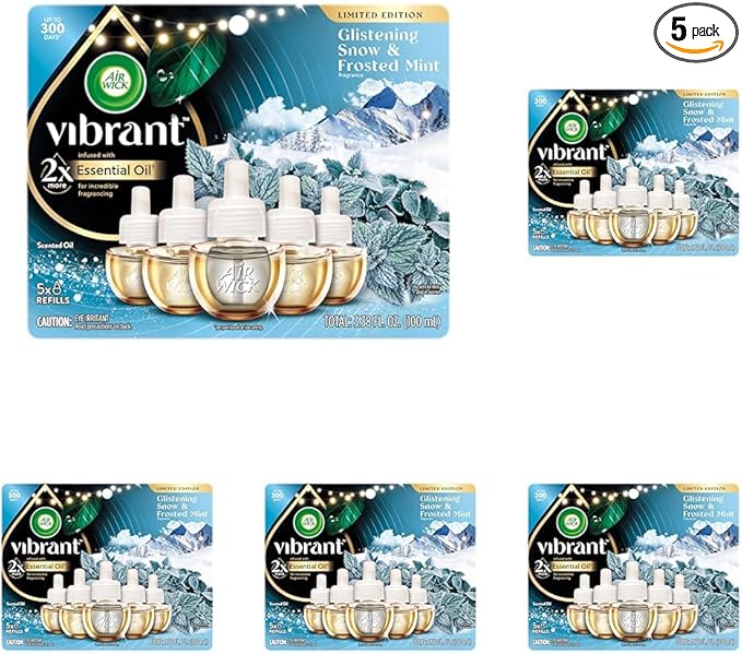 Air Wick Plug In Advanced Scented Oil,Glistening Snow Frosted Mint,Air-Fresheners for Home Long Lasting,Room Freshener,Plug In,House Essentials for Small Spaces Large Spaces,5 ct,(Pack of 5)