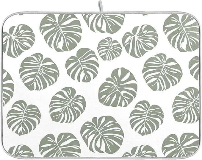 Green Palm Monstera Leaves Dish Drying Mat for Kitchen Counter Absorbent Microfiber Drying Pad, Large 18x24 in