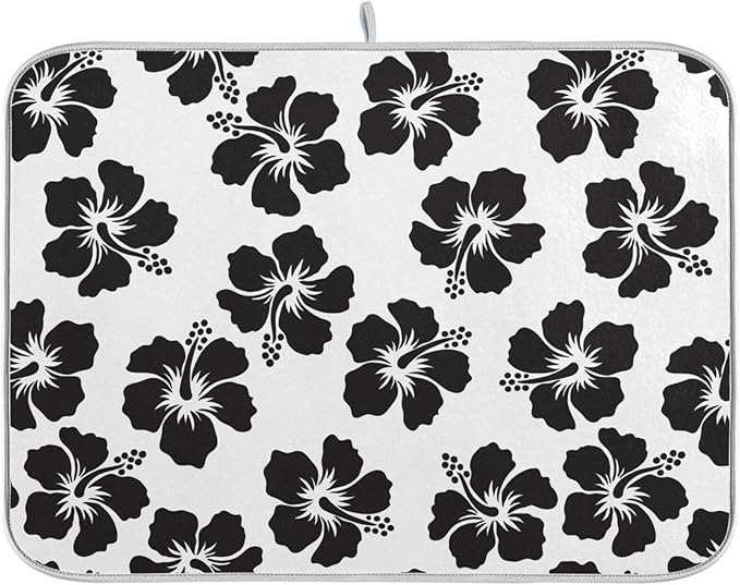 Tropical Hawaiian Hibiscus Flowers Dish Drying Mat for Kitchen Counter Absorbent Microfiber Drying Pad, Medium 16x18 in